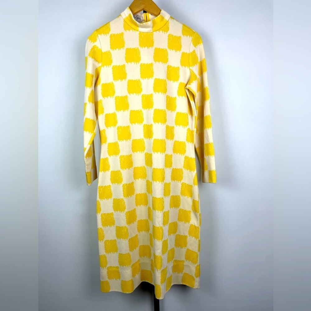 Vintage 60s 70s Amelia Gray Yellow Cream‎ Checkered Long Sleeve Mock Neck Dress
